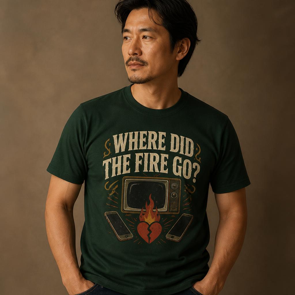 Man wearing dark green t-shirt with retro TV and broken heart graphic print
