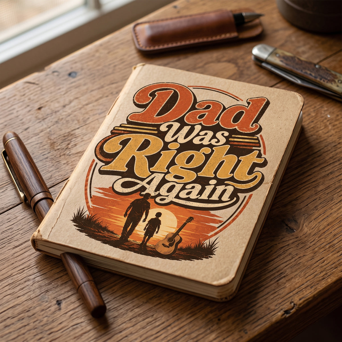 Tan hardcover journal with "Dad Was Right Again" text and sunset silhouette graphic of father and child