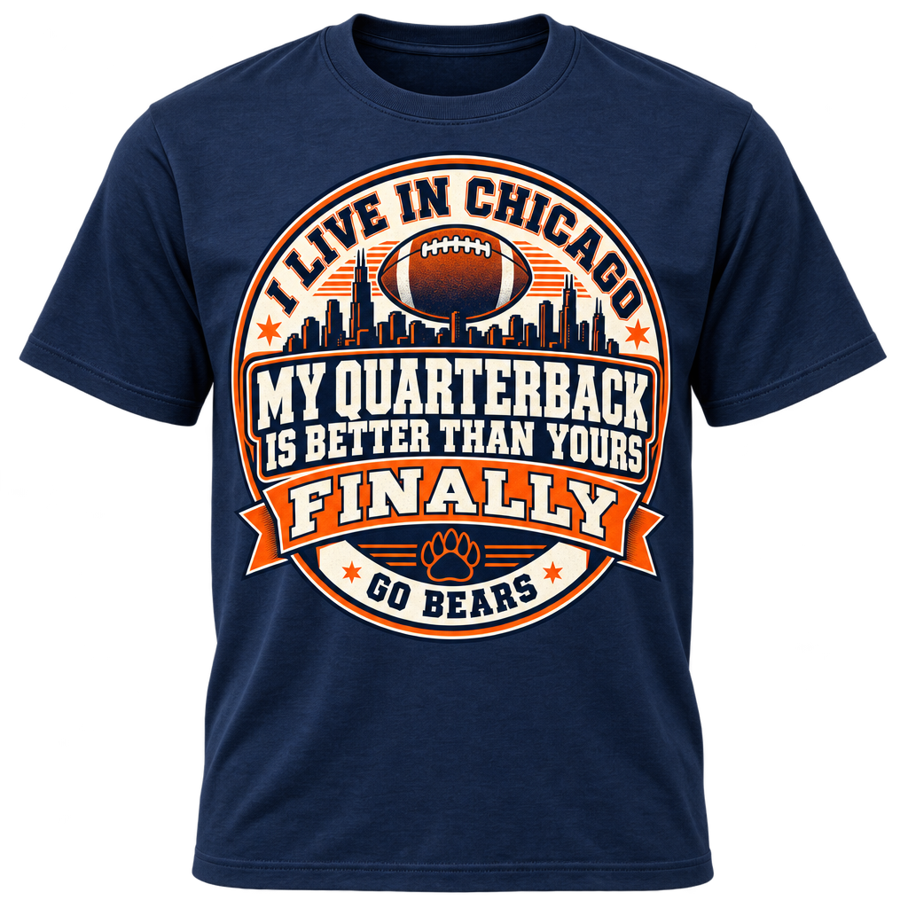 Navy t-shirt with Chicago skyline and football graphic, text reads Go Bears and My Quarterback Is Better Than Yours