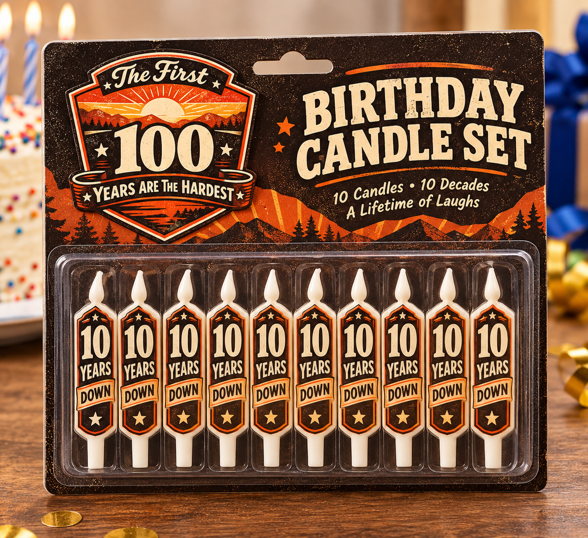 Package of 10 birthday candles labeled "10 Years Down" for a 100th birthday celebration