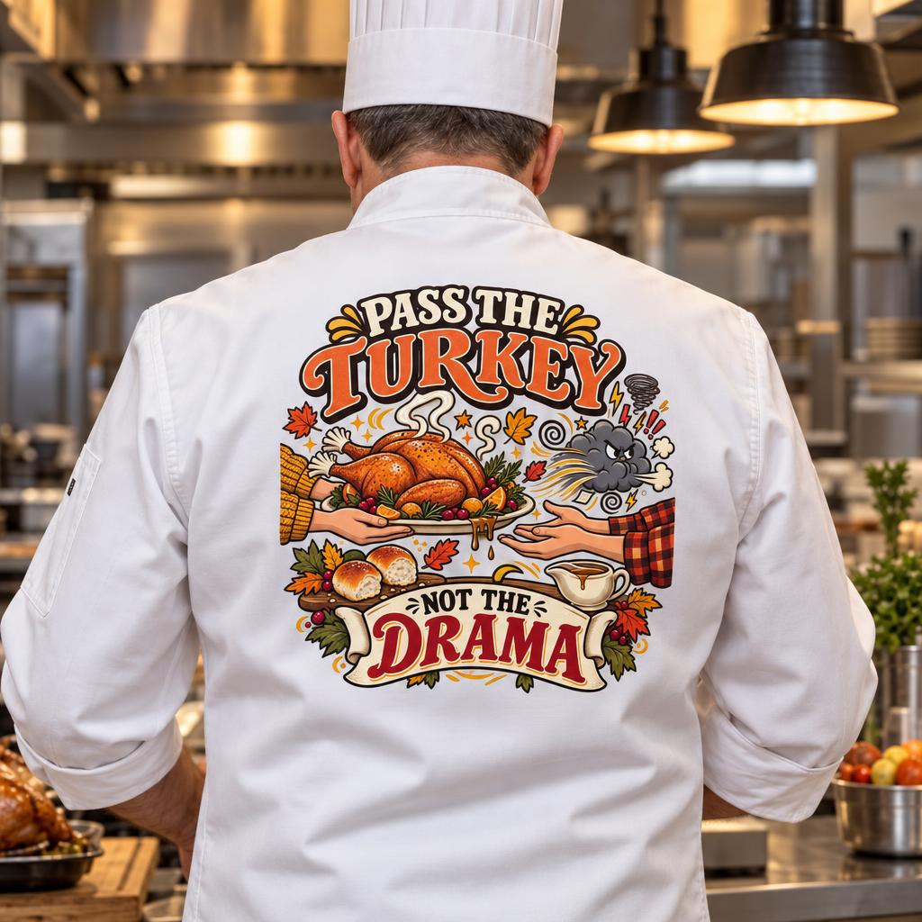 Back view of white chef coat with Thanksgiving turkey graphic reading Pass The Turkey Not The Drama
