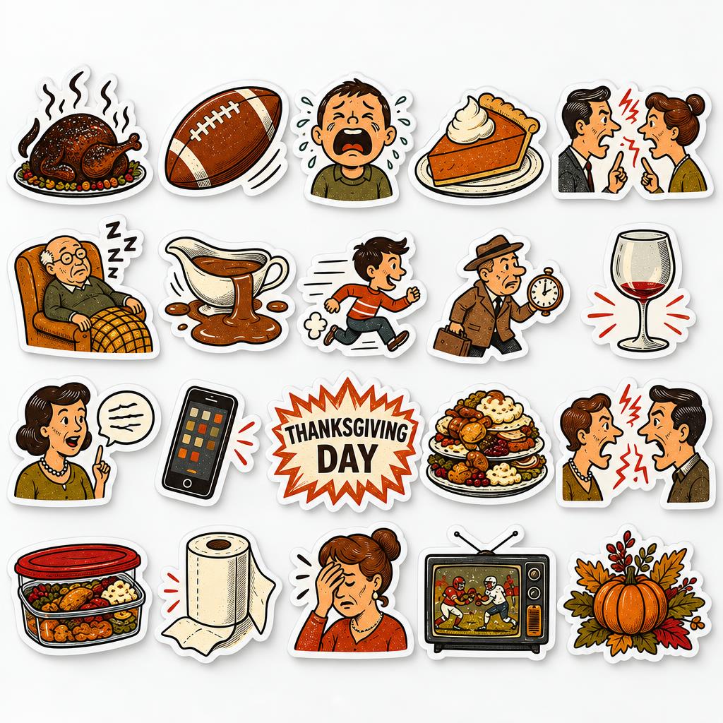 Sheet of 20 Thanksgiving themed cartoon die-cut stickers on white background