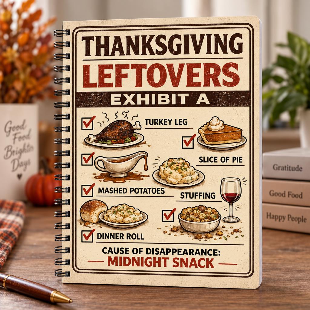 Spiral notebook with Thanksgiving leftovers checklist cover design on wooden table