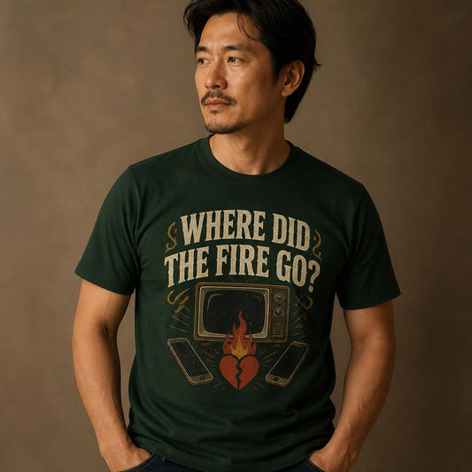 Man wearing dark green t-shirt with retro TV and broken heart graphic print