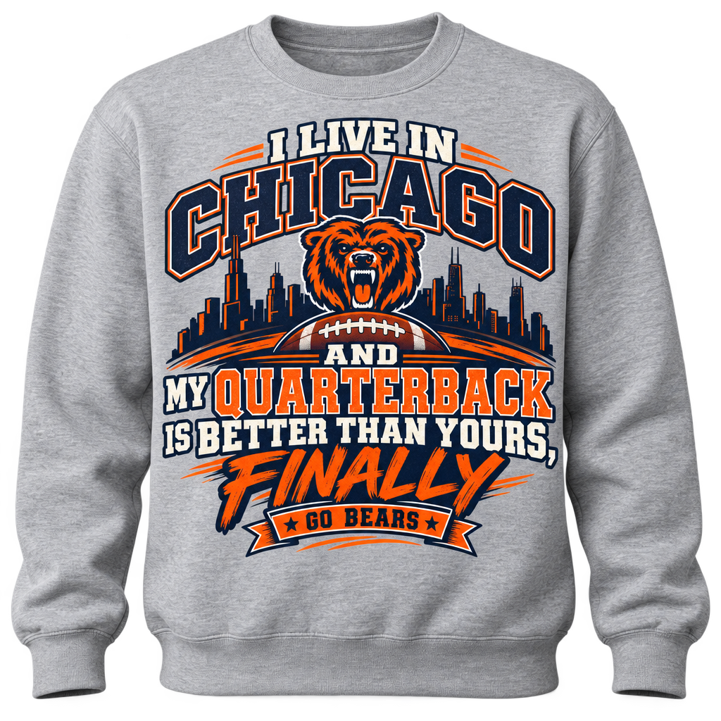 Gray crewneck sweatshirt with Chicago football graphic and bear design