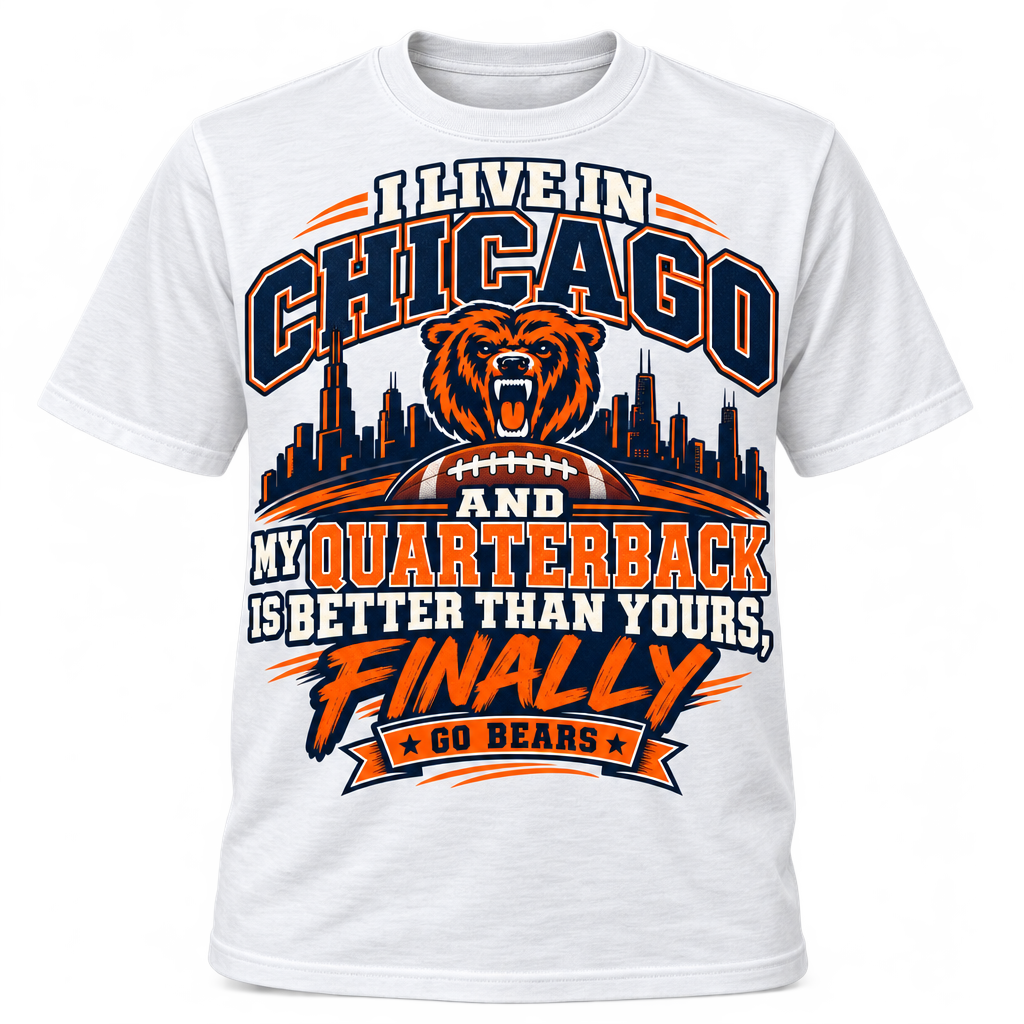 White t-shirt with Chicago skyline, bear head, and football graphic reading "Go Bears"