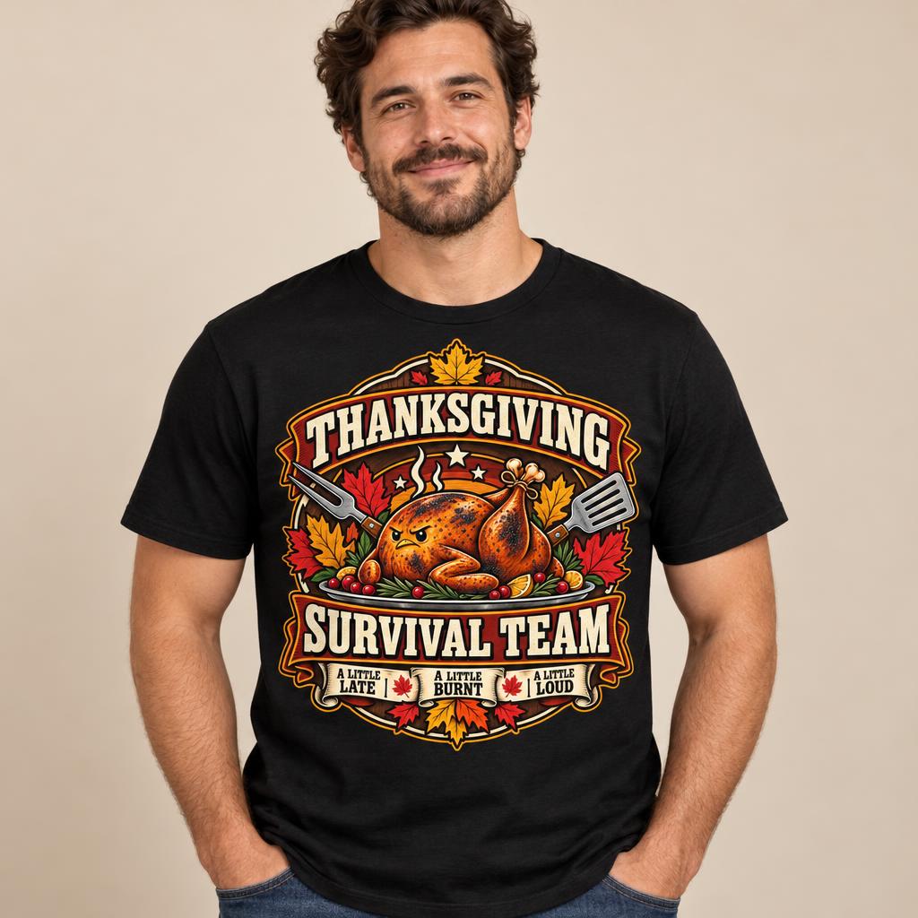 Man wearing black Thanksgiving Survival Team graphic t-shirt with turkey design