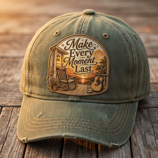Olive-green distressed baseball cap with porch sunset patch reading Make Every Moment Last
