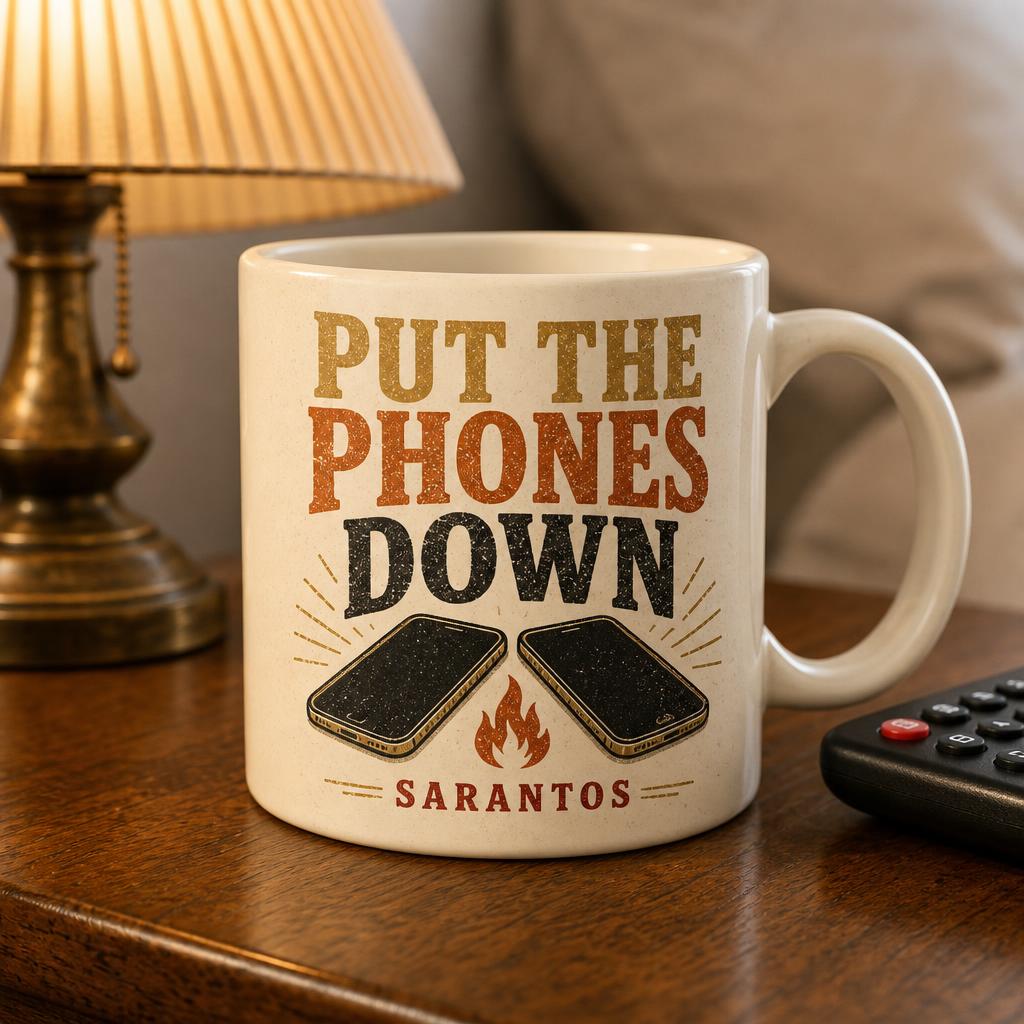 White ceramic mug with "Put The Phones Down" text and Sarantos branding on a wood table