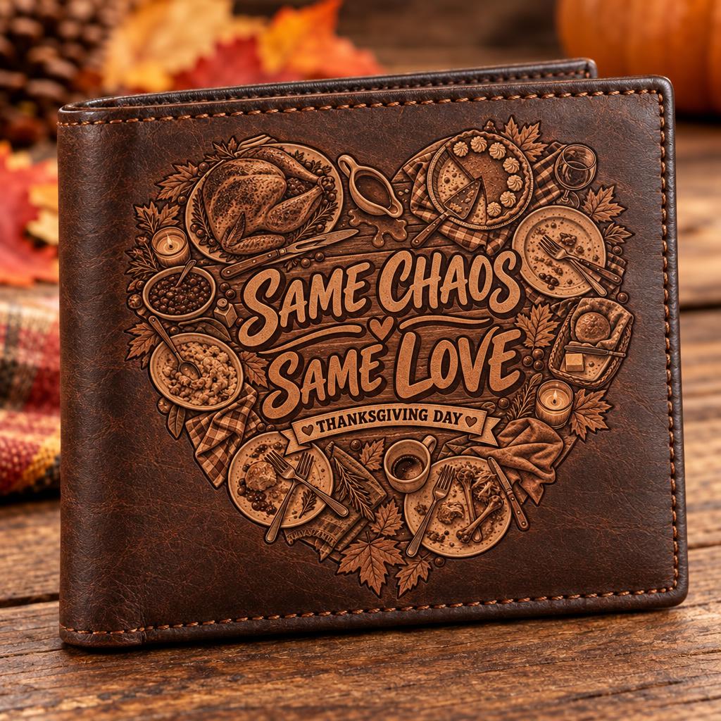 Brown leather bifold wallet engraved with a heart-shaped Thanksgiving food design and text